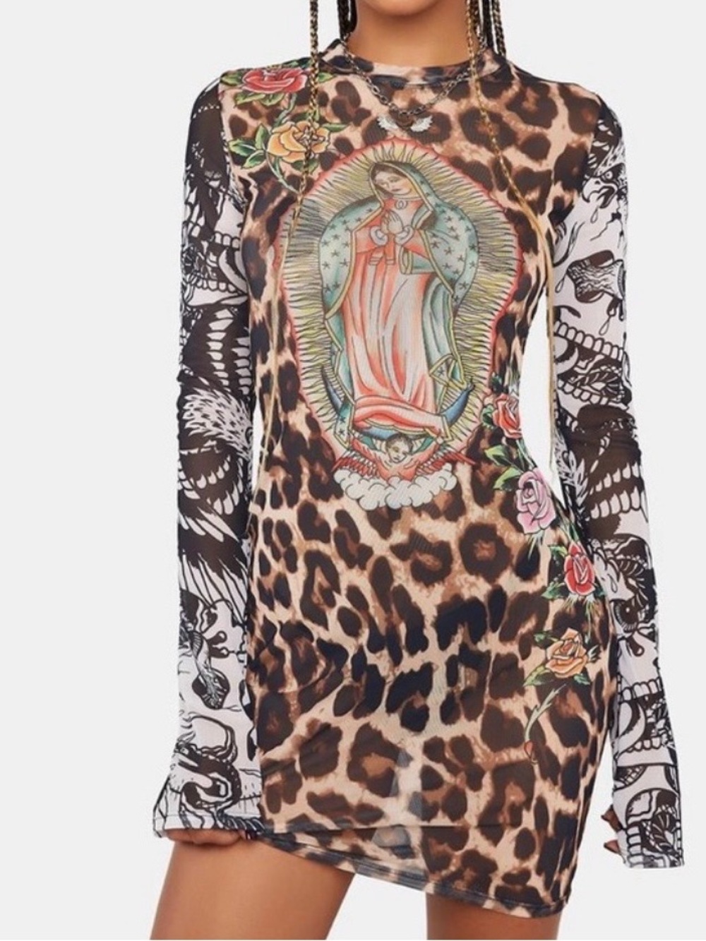 Ed Hardy Leopard Print Long-Sleeve Mini Dress Size M pre-owned.